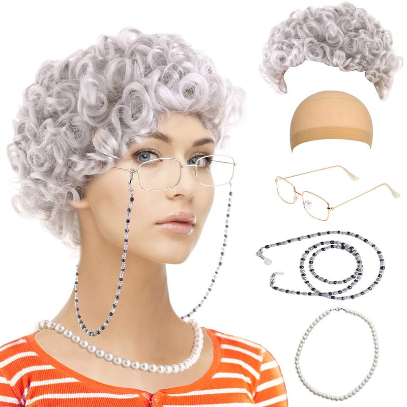 Feacole Old Lady Costume Set-Grandmother Wig,Wig Caps, Madea Granny Glasses, Eyeglass Retainer Chain,Pearl Necklace(5 Pieces) - Image 2